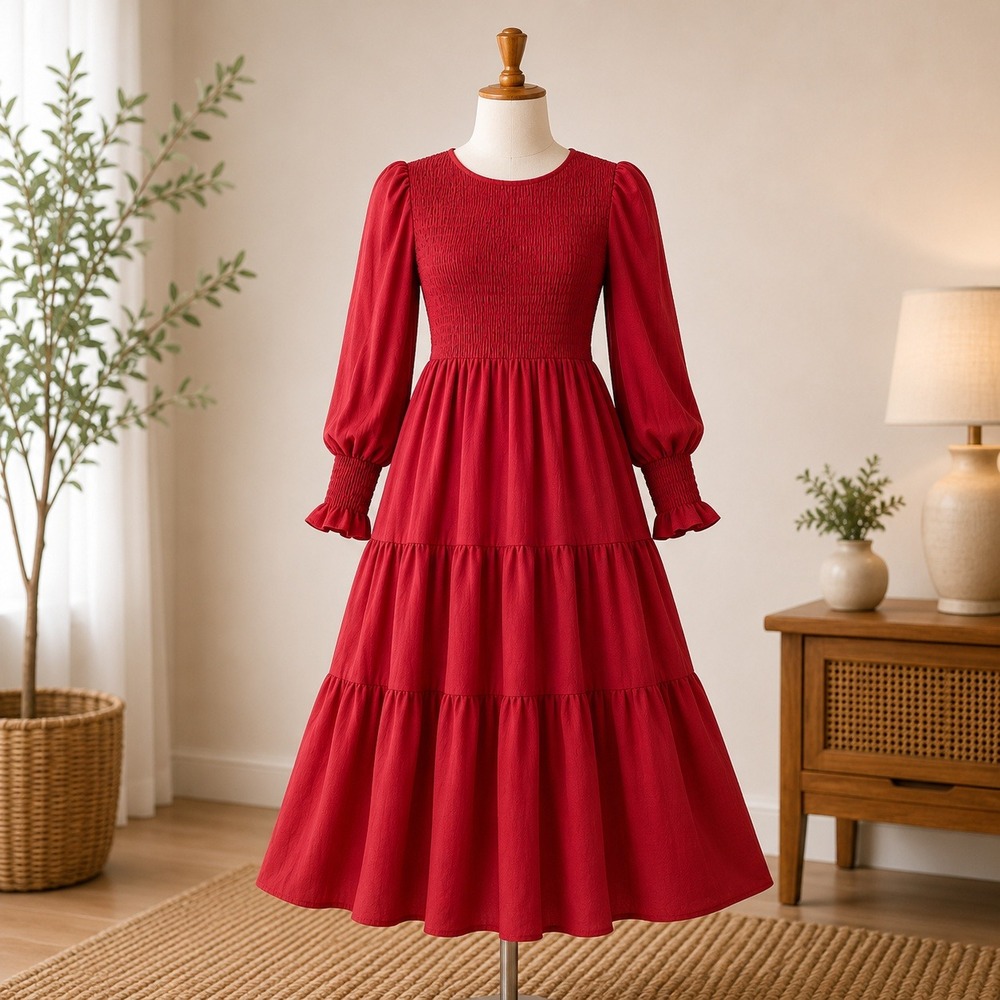 NWT Cupshe Smocked Midi Dress Womens Medium Red Long Sleeve Tiered CAA05A3H042EE